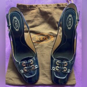 Tods Navy Patent Leather Sling Back Heels Size 9